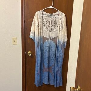 Blue and White Lace Overlay Kimono Duster Boho Western Artsy S